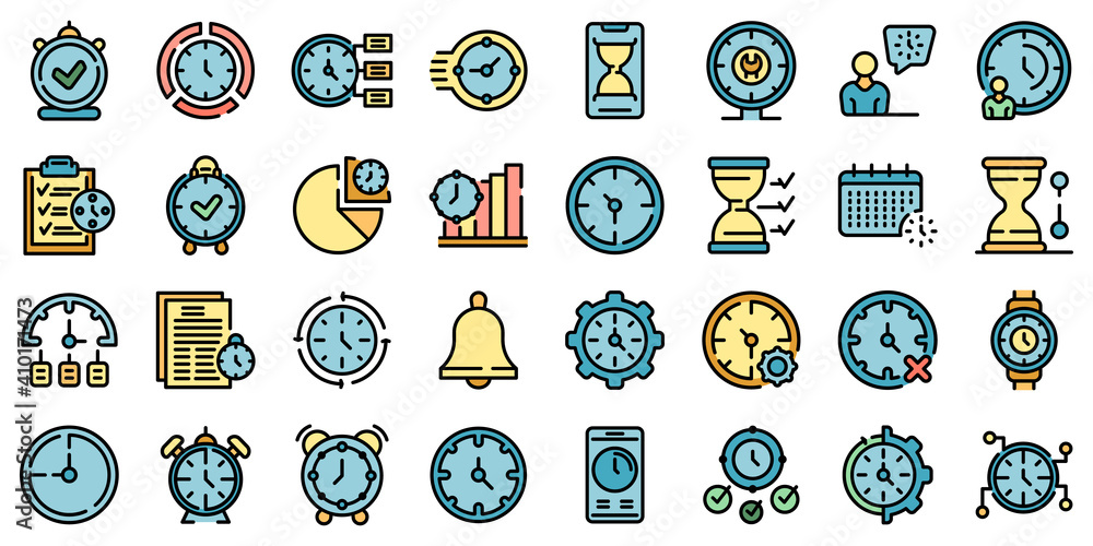 Poster time management icons set. outline set of time management vector icons thin line color flat on white