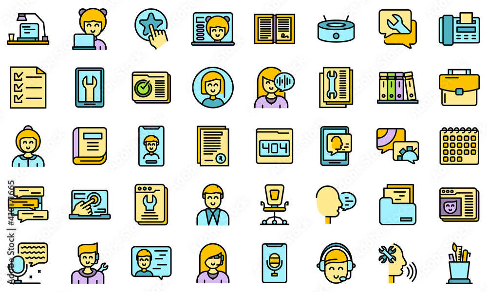 Aufkleber personal assistant icons set. outline set of personal assistant vector icons thin line color flat on