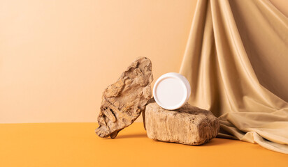 Cosmetics cream jar modern abstract podium trendy yellow background draped cloth