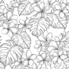 Seamless pattern with Tropical leaves and Frangipani flowers. Black and white