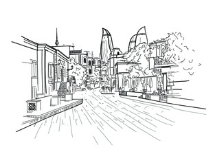 Baku old and modern city line sketch