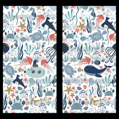 Set of Marine baby seamless pattern with cute marine life