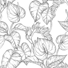 Seamless pattern with Tropical palm leaves and flowers, Black and white .