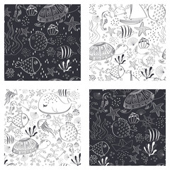 Set of Marine baby seamless pattern with cute marine life