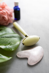 Quartz Gua Sha and jade roller perfect for face massage, beauty and anti-aging tools