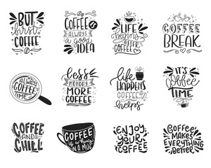 Coffee lettering typography set. Hand drawn lettering phrase. Modern motivating calligraphy decor. Scrapbooking or journaling card with quote.