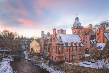A beautiful afternoon at the historic Dean Village in Edinburgh, Scotland after a fresh winter snowfall.