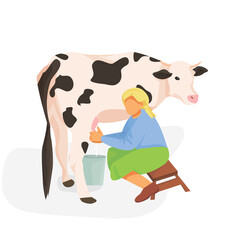 woman milks a cow on a white background. breeding cows. milking a cow. cow farming.  vector flat. isolated.