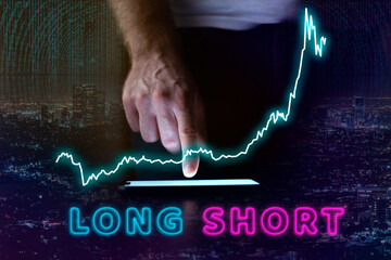 Crypto currency, Virtual money, Bitcoin chart going up. Longing and shorting, buying and selling...