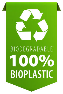 Biodegradable 100 Percent Bioplastic Text And Recycle Logo Symbol Green Tag Ribbon Banner Icon Isolated On White Background.