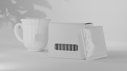 Cup of tea and packaging with sachet 3D Illustration