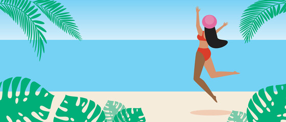 Woman at seaside resort, beach as template for copy space, flat vector stock illustration with happy jump and exotic palm leaves
