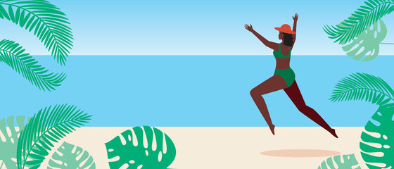 Obraz na płótnie Canvas African woman at seaside resort, beach as template for copy space, flat vector stock illustration with happy jump and exotic leaves