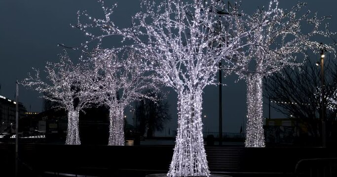 Christmas decorations and lights at Place du Rh&ocirc;ne in Geneva downtown district of Rues basse which regroup the main shopping streets  as well as some of the oldest squares in the city.