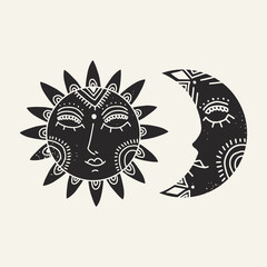 Vector illustration. Hand drawn sun and moon in boho style.