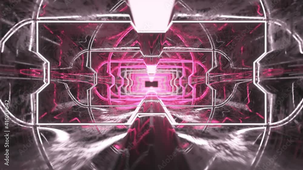 Poster futuristic animation of flying through a red tunnel with neon lights. 3d animation of seamless loop