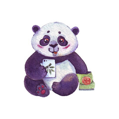 Watercolor illustration. Cute panda with mobile phone.