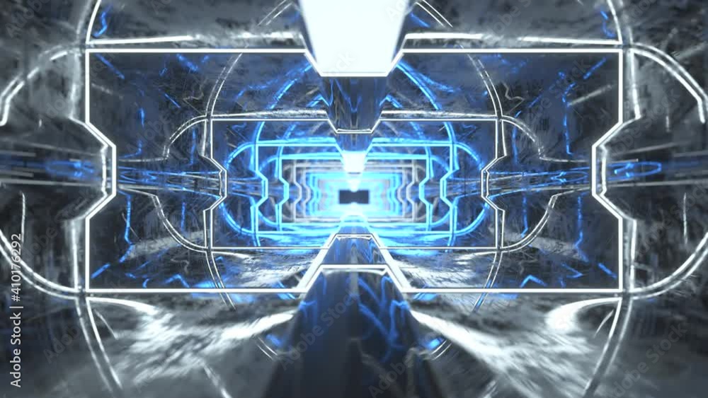 Poster futuristic animation of flying through a blue tunnel with neon lights. 3d animation of seamless loop