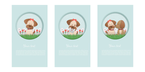 Set Happy Birthday and Valentine's day with character cute dog kissing and Happy smiling. in soft pastel color Paper cut and craft style. Vector illustration.