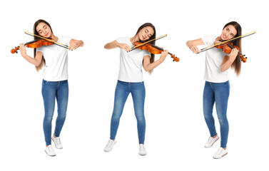 Collage with photos of beautiful woman playing violin on white background © New Africa