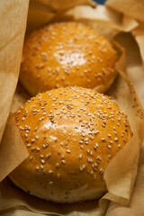 Fresh homemade burger buns  with sesame.  