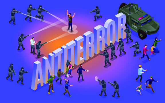 Antiterror Special Police Forces at work and isometric word Antiterror isometric icons on isolated background