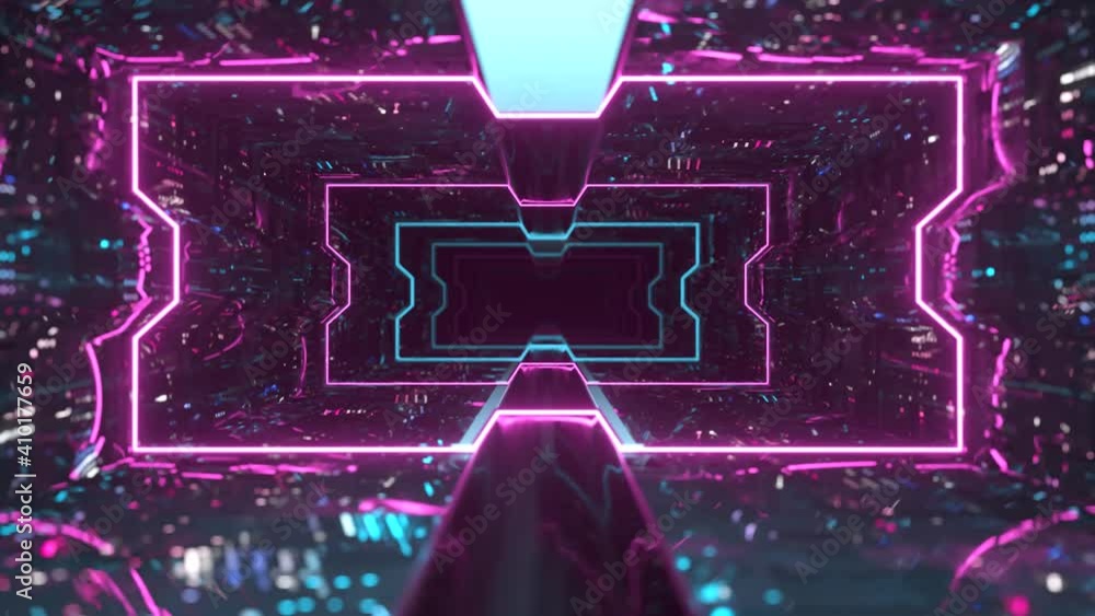 Poster futuristic animation of flying through a blue tunnel with neon lights. 3d animation of seamless loop