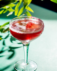 red tropical cocktail with ice in the form of a crystal on a background of foliage and shadows from sunlight.Green background