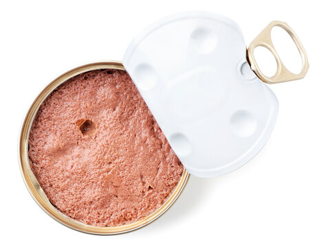 Pet pate in an open tin can on a white background, isolated. Top view