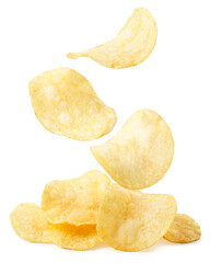Potato chips are falling on a heap on a white background. Isolated - 410178019