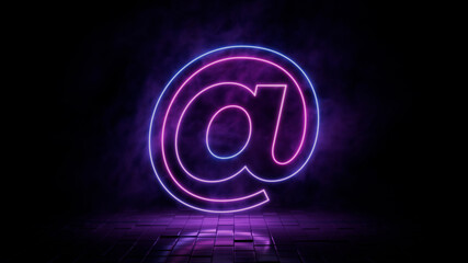 Pink and blue neon light @ icon. Vibrant colored email technology symbol, isolated on a black background. 3D Render 
