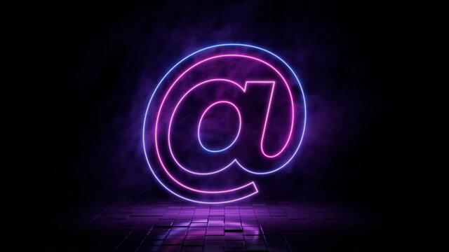Pink and blue neon light @ icon. Vibrant colored email technology symbol, isolated on a black background. 3D Render 