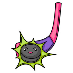 Kawaii illustration of hockey stick and puck.