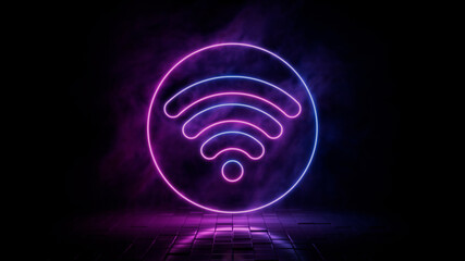 Pink and blue neon light wifi icon. Vibrant colored wireless technology symbol, isolated on a black background. 3D Render 