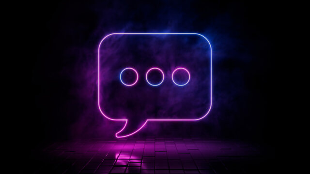 Pink And Blue Neon Light Sms Icon. Vibrant Colored Text Technology Symbol, Isolated On A Black Background. 3D Render 
