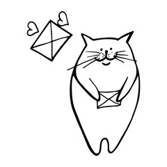 Happy Valentine's Day. Vector illustration of a cute cat with two envelopes, one of which is holding in its paws. Lovers holiday concept. Drawn in doodle style by outline.
