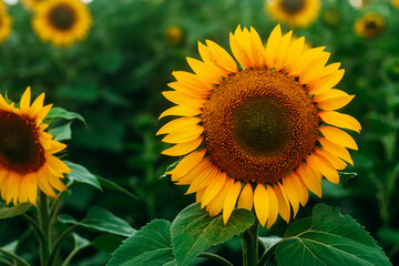 Sunflower field. Blooming sunflower close up