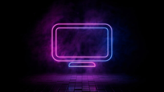 Pink and blue neon light display icon. Vibrant colored monitor technology symbol, isolated on a black background. 3D Render 