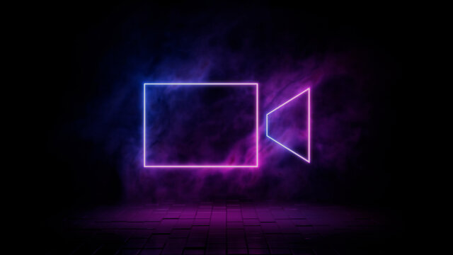 Pink and blue neon light video camera icon. Vibrant colored recording technology symbol, isolated on a black background. 3D Render 