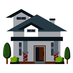Vector of a two-storey grey home with a chimney, attic and green front lawn isolated on a white background