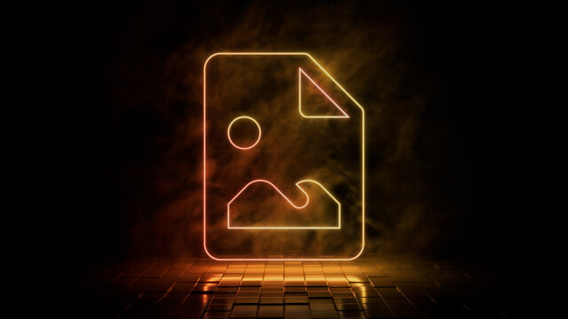 Orange and yellow neon light picture icon. Vibrant colored technology symbol, isolated on a black background. 3D Render 