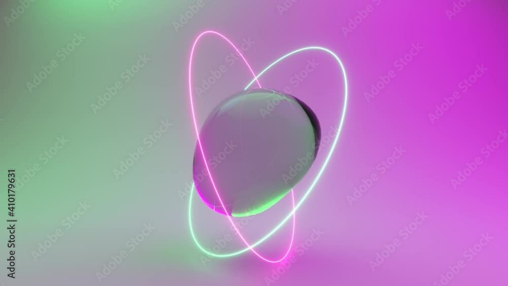 Poster abstract background with morphing water spheres illuminated by neon rings. 3d animation of seamless 