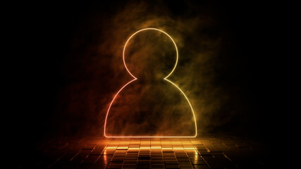 Orange and yellow neon light user icon. Vibrant colored technology symbol, isolated on a black background. 3D Render 