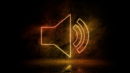 Orange and yellow neon light audio icon. Vibrant colored technology symbol, isolated on a black background. 3D Render 