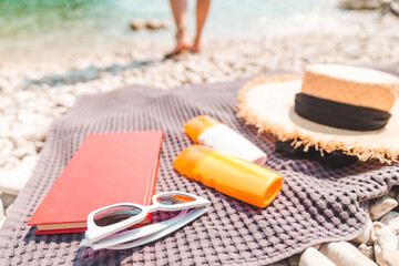 sea stuff at blanket at rocky beach