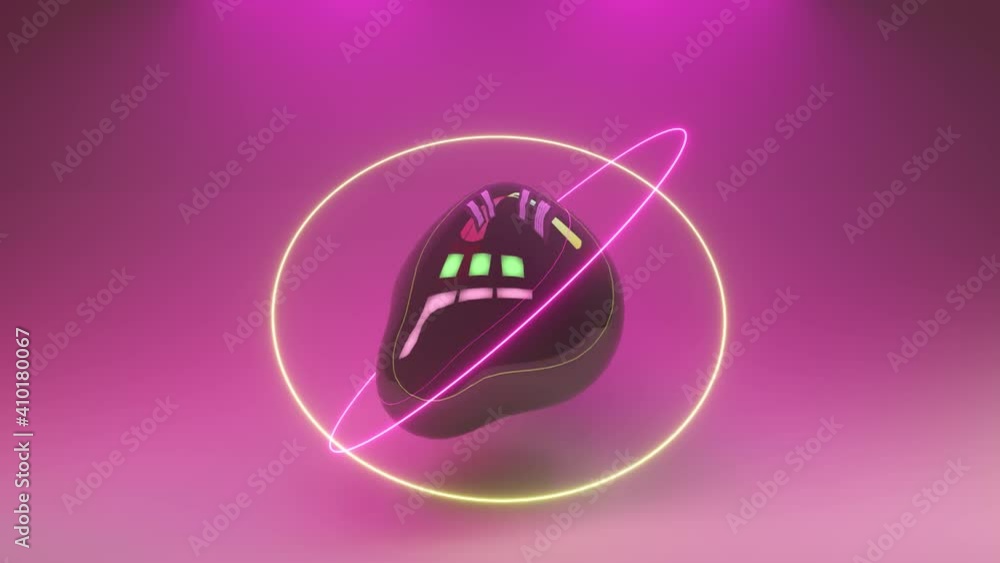 Poster abstract background with morphing dark spheres illuminated by neon rings. 3d animation of seamless l
