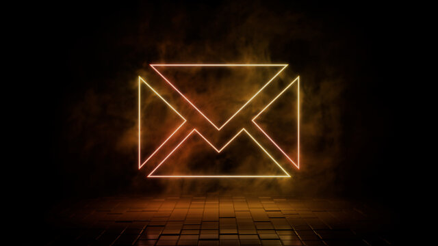 Orange and yellow neon light email icon. Vibrant colored technology symbol, isolated on a black background. 3D Render 