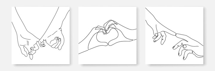 Continuous Line Drawing of Hands Couple Trendy Minimalist Prints Set. One Line Abstract Concept. Hands Couple Minimalist Contour Drawing. Vector EPS 10.