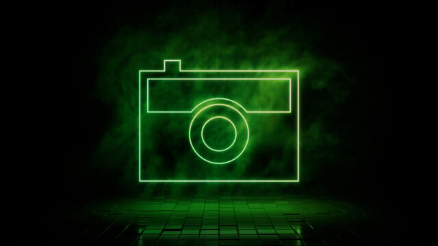 Green neon light camera icon. Vibrant colored technology symbol, isolated on a black background. 3D Render 