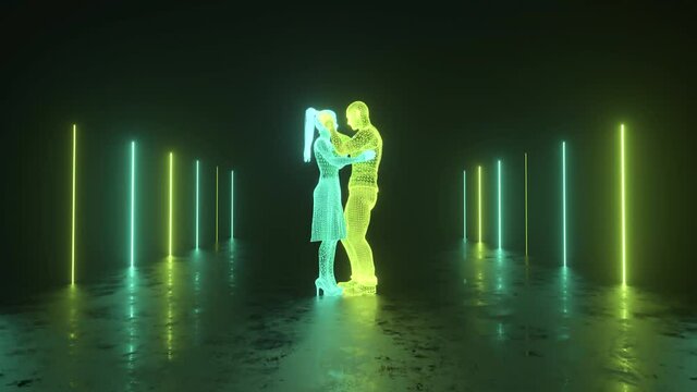 Guy and girl kissing in digital cyberspace with neon lighting. Holograms of real people. Future technologies and digital world concept. 3d animation